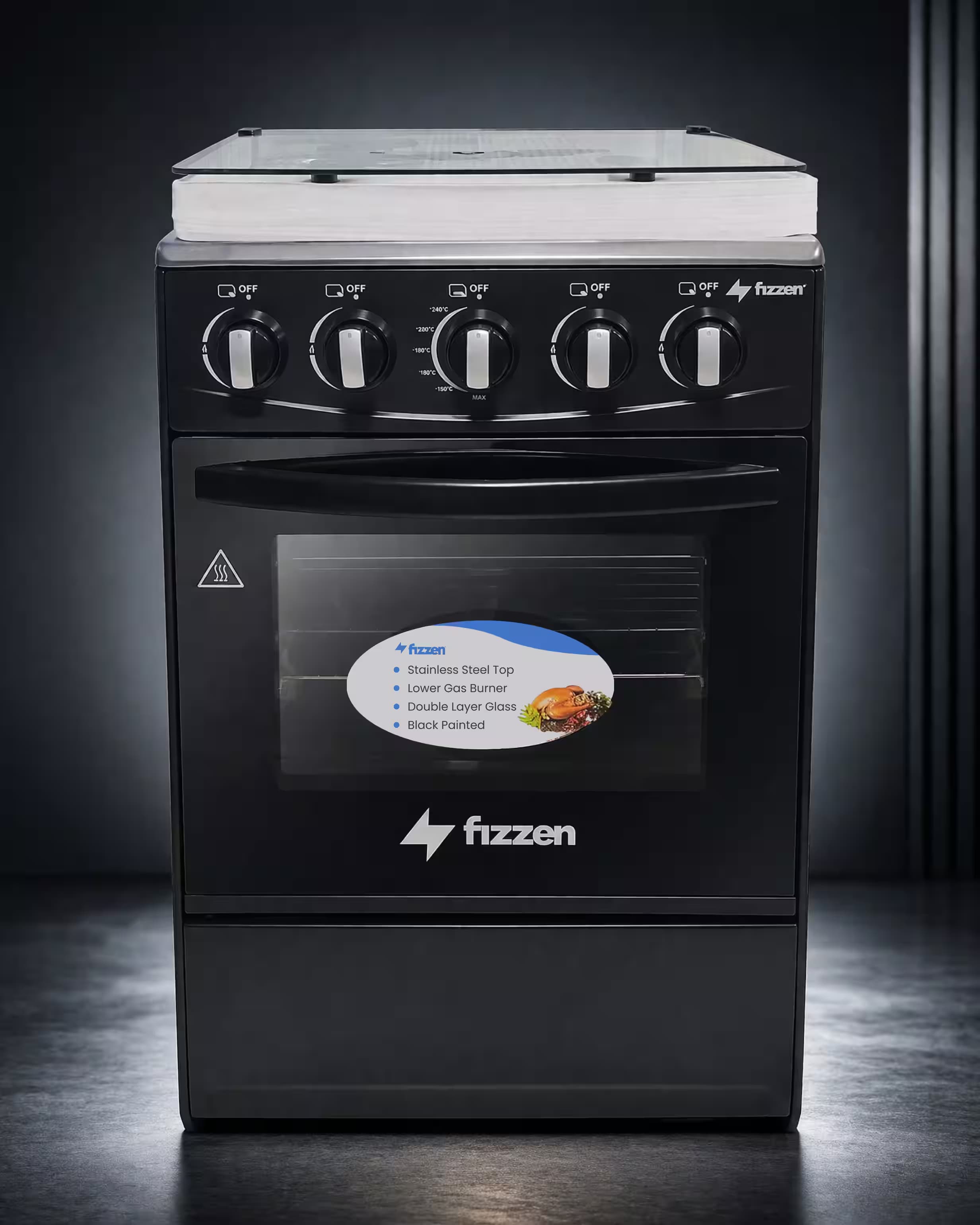 Fogão Fizzen 50*50 Manual com 4 Queimadores a Gás + Queimador Simples Inferior - Preto